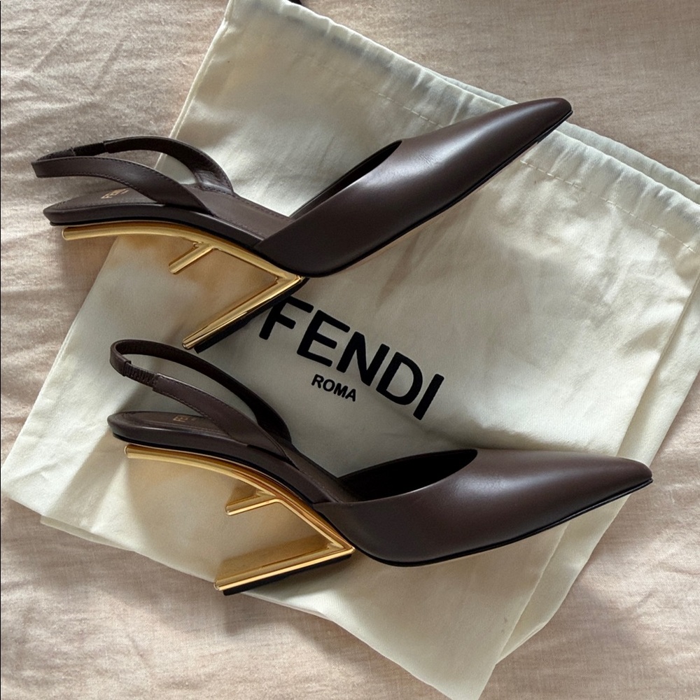 Fendi First Dark Brown Slingback Heels with Gold Heel - Size 39